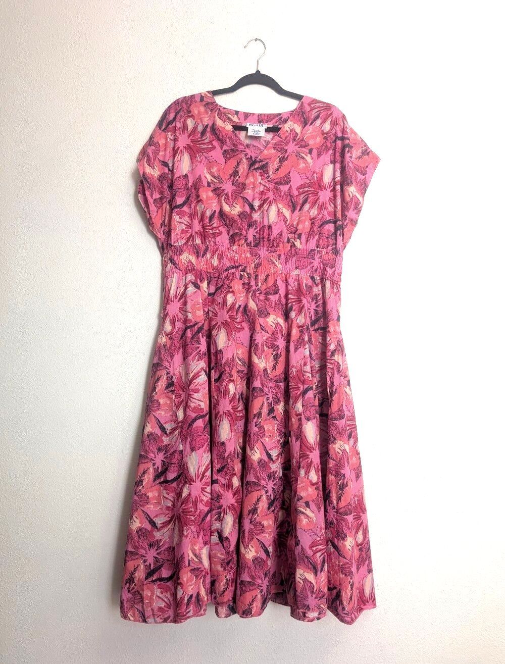 Vintage 90s Blair Floral Midi Dress L Petite | Pink Cotton Smocked Waist Cottage